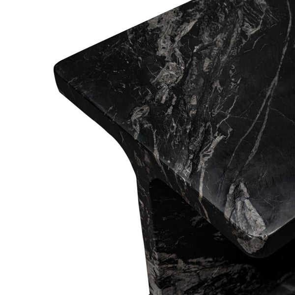 HomeRoots 20" Black Marble Pedestal End Table - Handcrafted Modern Design, Unique Veining & Fully Assembled! 569942
