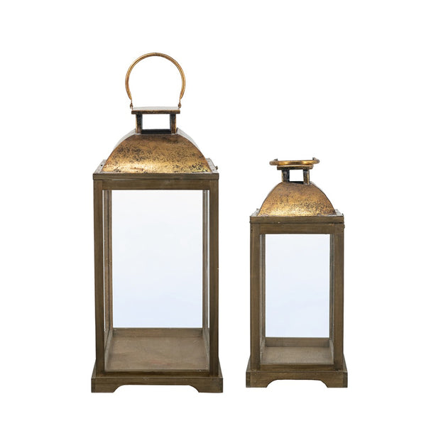 English Elm S/2 Distressed Fir Wood Candle Lanterns with Glass Sides and Gold Dome Tops W2078P423052
