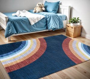 Homeroots 4' X 6' Navy Red And Orange Juvenile Rainbows Youthful Area Rug  Polyester 569987