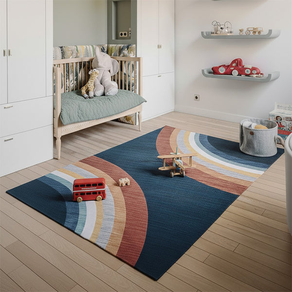 HomeRoots 8' Vibrant Navy, Red, and Orange Rainbow Area Rug for Kids' Playroom, Bedroom, or Nursery Décor 8' X 11' 569990