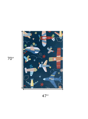 Homeroots 4' X 6' Navy Red And Orange Juvenile Airplanes Youthful Area Rug  Polyester 569991