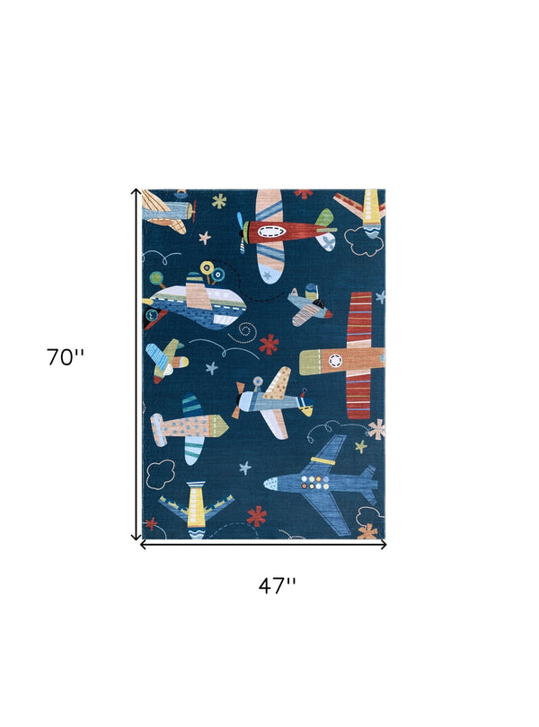 Homeroots 4' X 6' Navy Red And Orange Juvenile Airplanes Youthful Area Rug  Polyester 569991