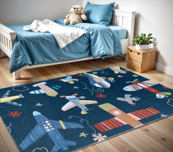 Homeroots 4' X 6' Navy Red And Orange Juvenile Airplanes Youthful Area Rug  Polyester 569991