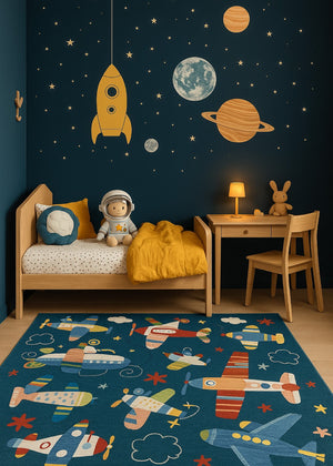 HomeRoots 5' Youthful Airplanes Area Rug in Navy, Red, and Orange - Playful Design for Kids' Rooms & Playrooms 5' X 8' 569992