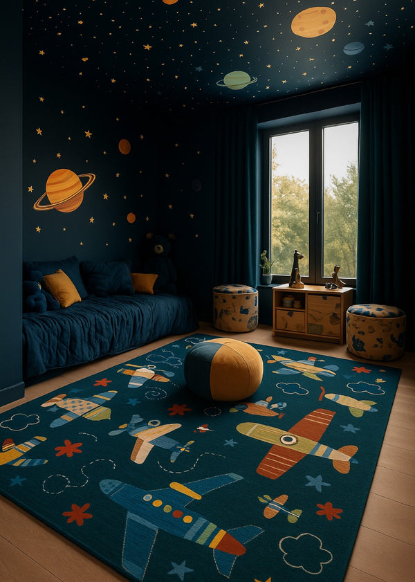 HomeRoots 5' Youthful Airplanes Area Rug in Navy, Red, and Orange - Playful Design for Kids' Rooms & Playrooms 5' X 8' 569992