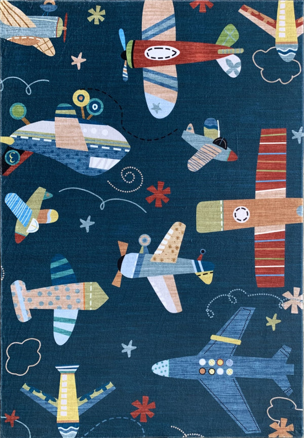 HomeRoots 5' Youthful Airplanes Area Rug in Navy, Red, and Orange - Playful Design for Kids' Rooms & Playrooms 5' X 8' 569992