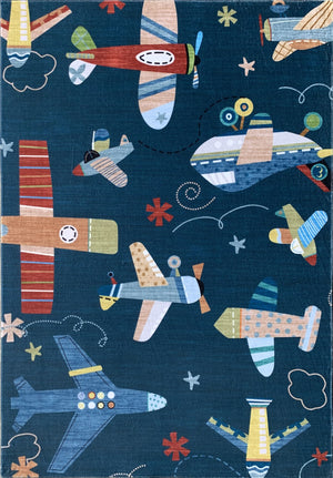 HomeRoots 5' Youthful Airplanes Area Rug in Navy, Red, and Orange - Playful Design for Kids' Rooms & Playrooms 5' X 8' 569992