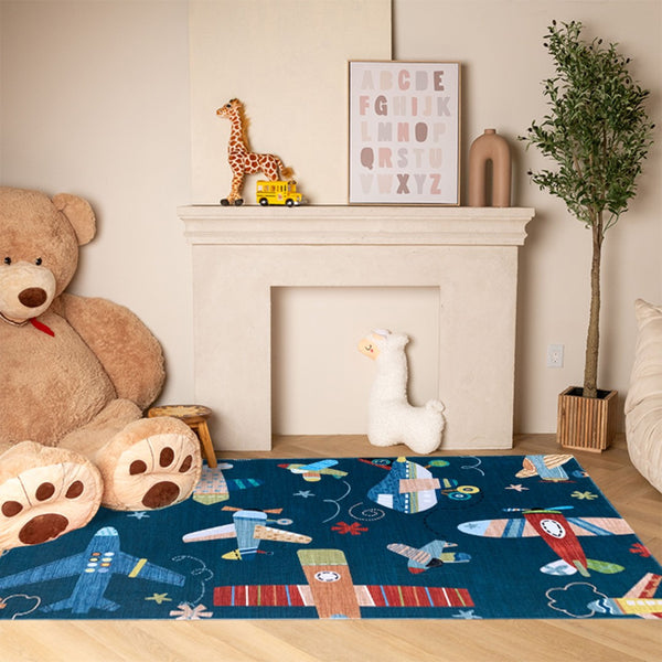 HomeRoots 5' Youthful Airplanes Area Rug in Navy, Red, and Orange - Playful Design for Kids' Rooms & Playrooms 7' X 10' 569993