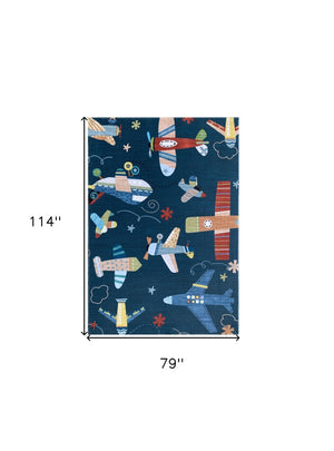 HomeRoots 5' Youthful Airplanes Area Rug in Navy, Red, and Orange - Playful Design for Kids' Rooms & Playrooms 7' X 10' 569993