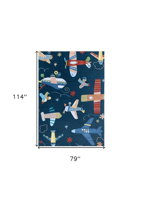 HomeRoots 5' Youthful Airplanes Area Rug in Navy, Red, and Orange - Playful Design for Kids' Rooms & Playrooms 7' X 10' 569993