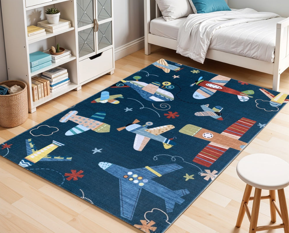 HomeRoots 5' Youthful Airplanes Area Rug in Navy, Red, and Orange - Playful Design for Kids' Rooms & Playrooms 7' X 10' 569993