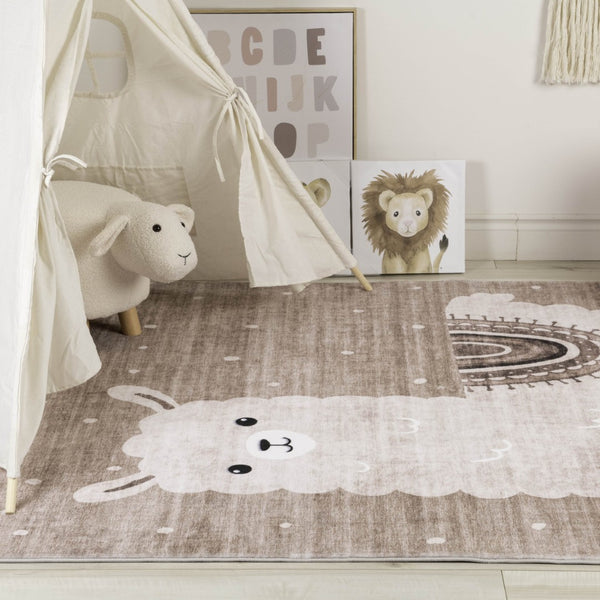 HomeRoots 5' Playful Juvenile Animals Area Rug in Cozy Brown and Beige for Kids' Spaces and Playrooms 5' X 8' 569996