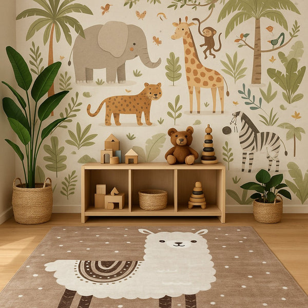HomeRoots 5' Playful Juvenile Animals Area Rug in Cozy Brown and Beige for Kids' Spaces and Playrooms 7' X 10' 569997