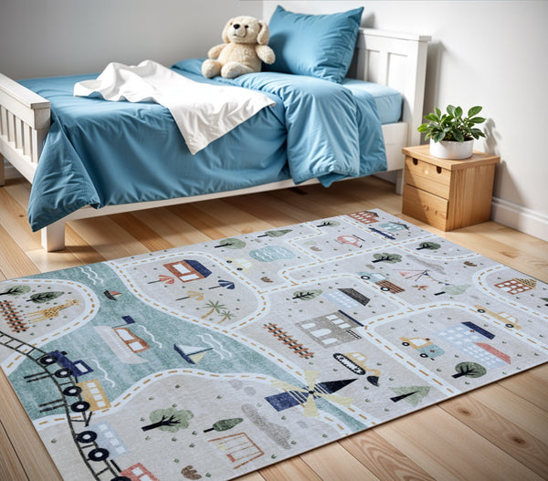 Homeroots 4' X 6' Gray Brown And Blue Juvenile Transportation Youthful Area Rug  Polyester 569999