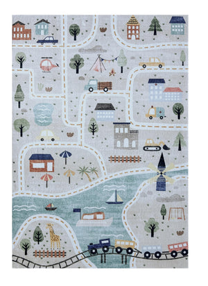 Homeroots 4' X 6' Gray Brown And Blue Juvenile Transportation Youthful Area Rug  Polyester 569999