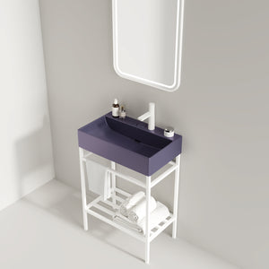 English Elm LOFI Ceramic Integrated Bathroom Vanity 24" with Rectangular Basin, Open Metal Shelf, Easy Clean White+Purple W2615S00052