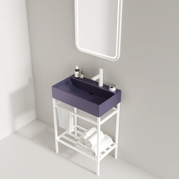 English Elm LOFI Ceramic Integrated Bathroom Vanity 24" with Rectangular Basin, Open Metal Shelf, Easy Clean White+Purple W2615S00052