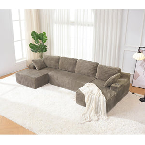 English Elm U-shaped Corduroy Cloud Sectional Sofa with Pocket Springs and Modular Living Room Seating Jade W3366S00003