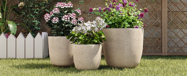 English Elm U_style Mgo Concrete Look Round Planters Set of 3 Lightweight Stackable Outdoor Pots Beige+Yellow N711P406670E