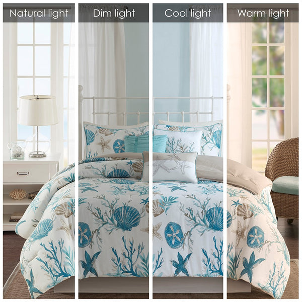 English Elm 7 Piece Cotton Sateen Comforter Set In Aqua – Coastal Bedding With Decorative Pillows & Shams B03597267