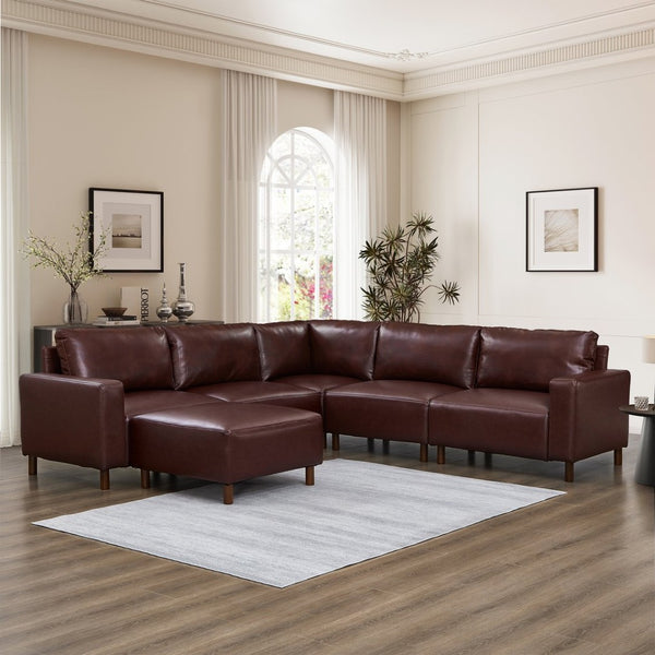 English Elm Modern Modular L-shaped Sectional in Matte Pu Leather with Ottoman Six Piece Burgundy W1097S00265