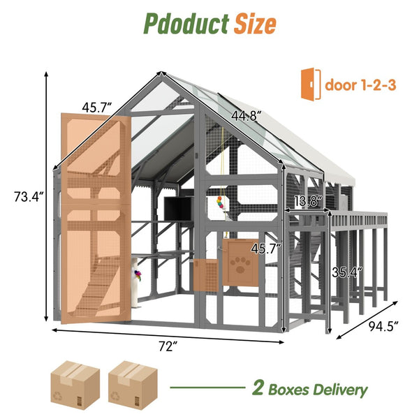English Elm Large Walk-in Pine Wood Catio Enclosure with Platforms Resting Boxes and Planter Grey N704G201619E