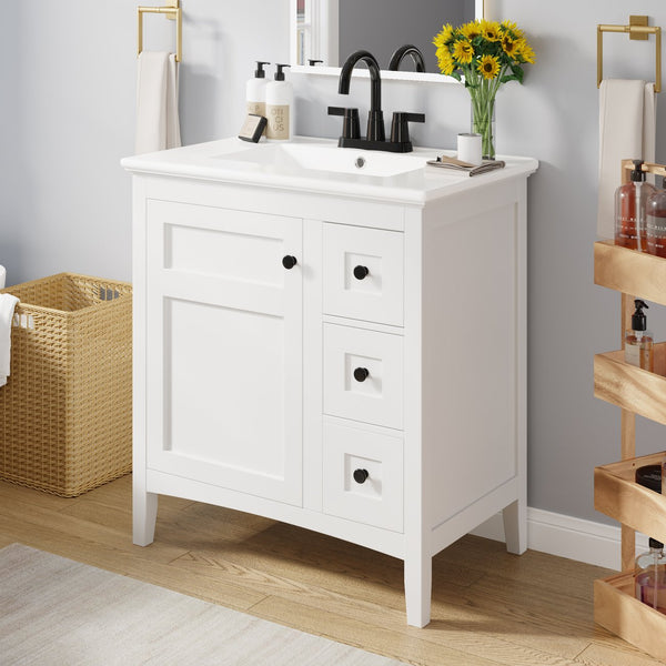 English Elm 30 Inch Bathroom Vanity with Ceramic Sink and 3 Smooth-Glide Drawers, Modern Moisture-Resistant Storage White N710P252105K