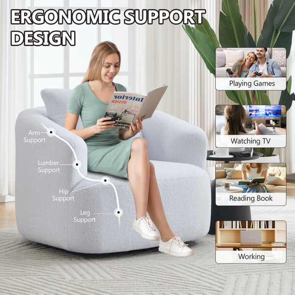 English Elm 360° Swivel Barrel Chair Teddy Fleece Upholstery with Pillow for Bedroom Reading Nook W1803P363035