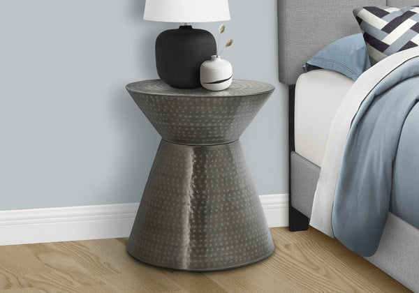 English Elm Accent Drum End Table with Hammered Metal Finish — 22" Handcrafted Cone Shape for Chic Living Spaces Silver 23 L x 23 W x 19 H B2710P219460