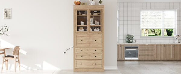 English Elm Topmax Shaker Pantry Cabinet with Drawers Power Outlet and Glass Doors SP000094AAA