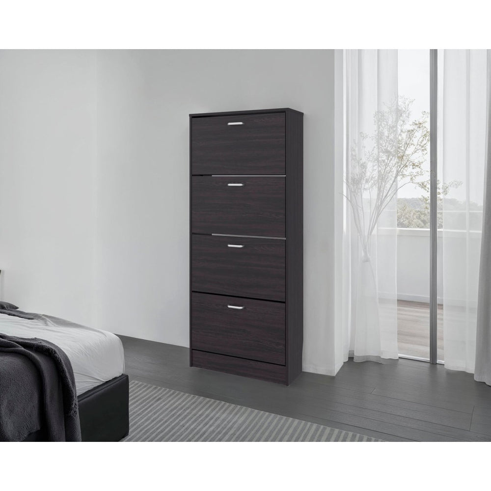 English Elm White Slim Vertical Shoe Cabinet Four Doors Entryway Storage Melamine Finish B062P486516