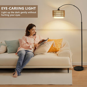 English Elm Arc Rattan Arc Floor Lamp with Remote & Dimmable LED, Height Adjustable, Boho Farmhouse Glow Brown+Black W2738P227438