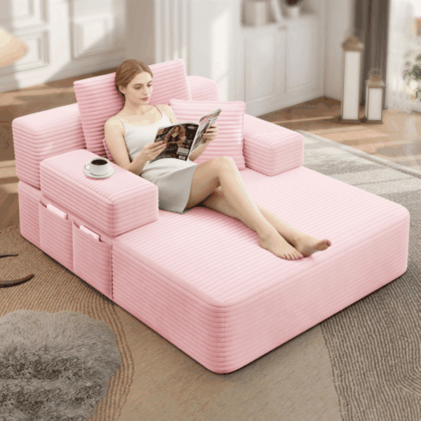English Elm Luxurious Corduroy Frameless Chaise with Sleeper Conversion Foam Cushioning and Storage Pocket Baby Pink W3219P459763