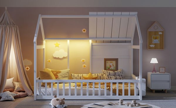 English Elm Twin House Frame Floor Bed Pinewood Build with Led Roofline Kids Bedroom White W697P435880