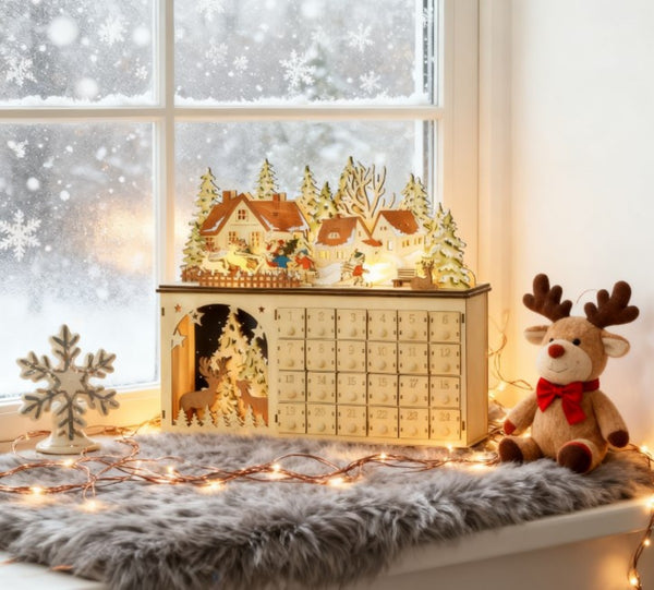 English Elm Light up Wooden Advent Calendar Village with 24 Drawers and Led Glow for Holiday Decor T3971P417206