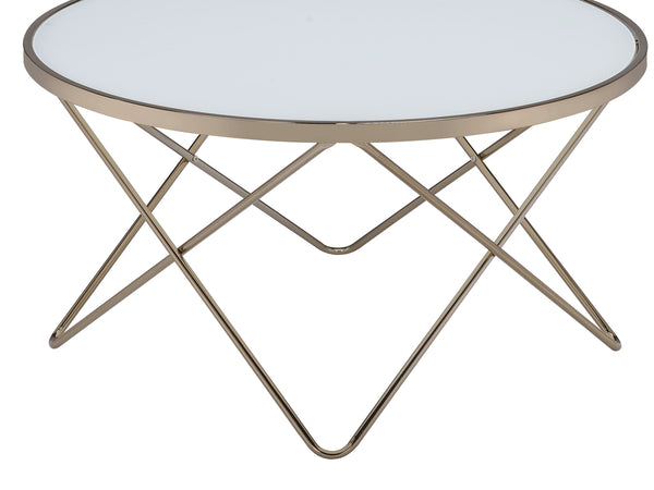 English Elm 1pc Round Glass Top Coffee Table with Mid-Century Metal Frame, Elegant Living Room Accent Piece Champagne 38 L x 39 W x 5 H B2741P332646