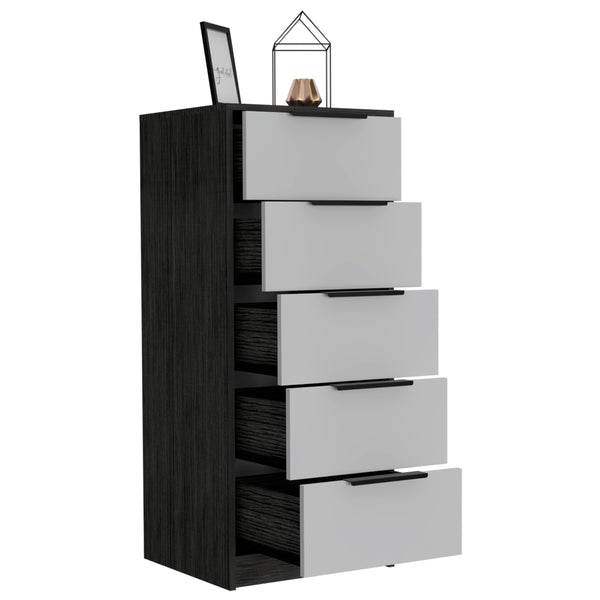 English Elm Washington Five Drawer Dresser with Light Oak Frame and White Fronts, Space-Saving Minimalist Storage Chest Smoke,White 46 L x 21 W x 5 H B128P148836