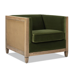 English Elm Jennifer Taylor Home - Georgia 34" Cane Rattan Tuxedo Armchair in Olive Green Performance Velvet with Oak Frame & Removable Cushion B2719P238321