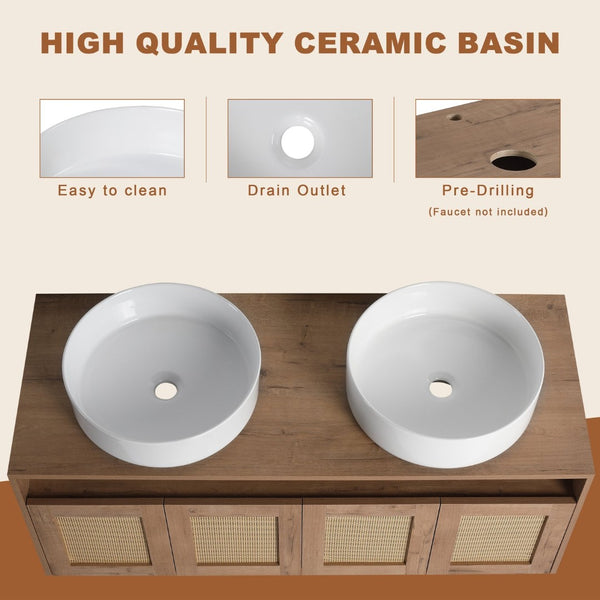 English Elm 48" Floating Bathroom Vanity Oak Finish Dual Ceramic Sinks Four Soft Close Doors W999S00498