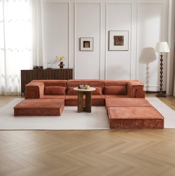 English Elm Compression Modular Sofa Bed - Oversized Convertible Sectional With Plush Fleece & 3 Pillows, Orange W3723S00018