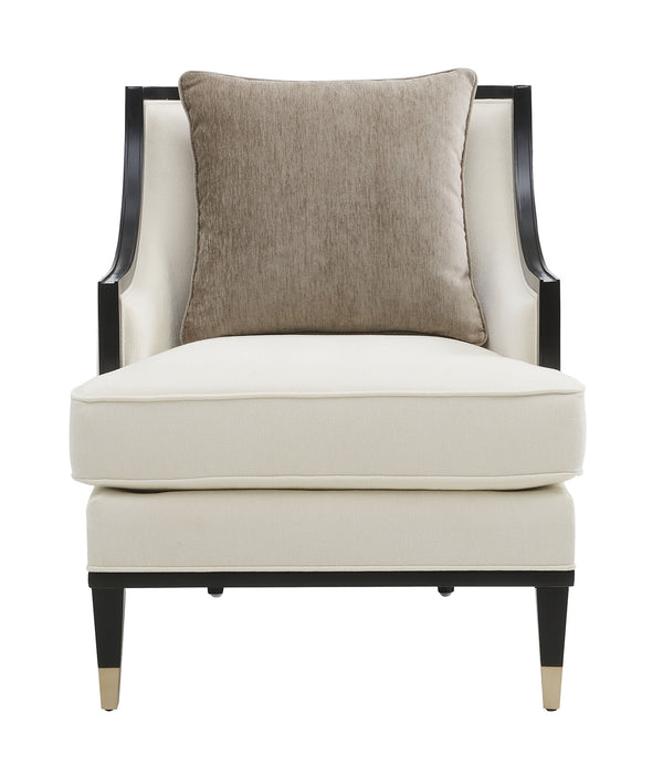 English Elm Traditional Upholstered Accent Chair with Curved Arms and Gold-Capped Legs, Plush White Fabric for Living Room Comfort and Style B2741P396710