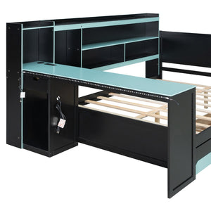 English Elm Full Size Gaming Bed Frame with Desk Led Lights Storage Drawers and Charging Station Black+Blue LP000289AAC
