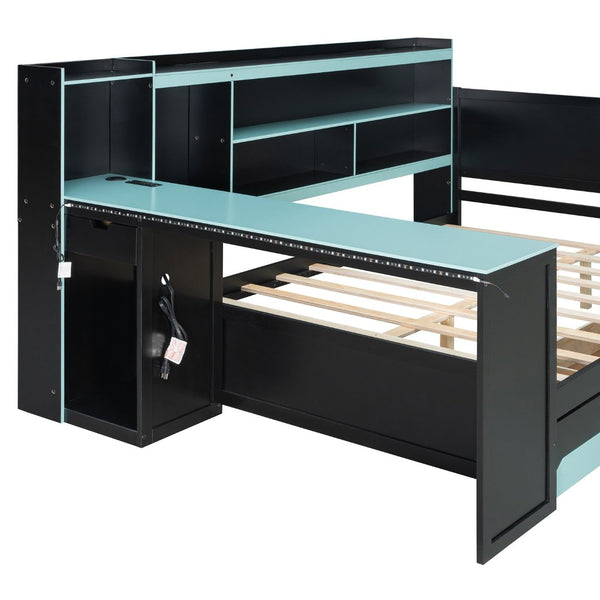 English Elm Full Size Gaming Bed Frame with Desk Led Lights Storage Drawers and Charging Station Black+Blue LP000289AAC