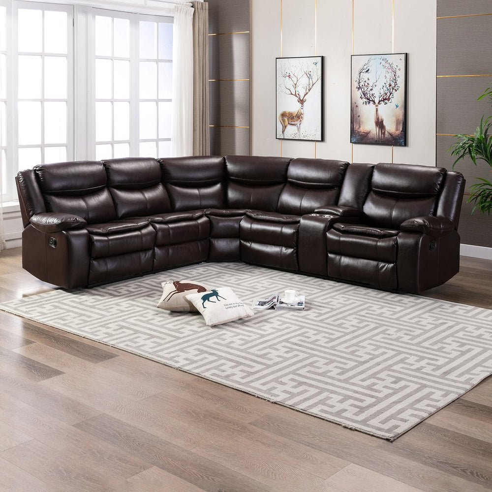 English Elm L Leather Power Reclining Sectional Sofa with USB Ports, Storage Console, Breathable Seating for 5 Brown W791S00001