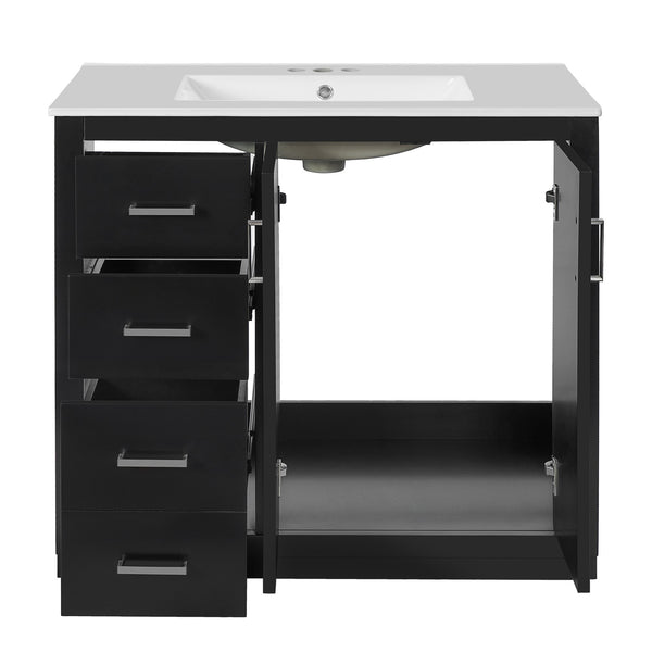 English Elm 36'' Bathroom Vanity with Ceramic Sink Combo, Solid Wood Frame, Soft-Close Drawers and Stylish Retro Groove Design Black N710P291684B