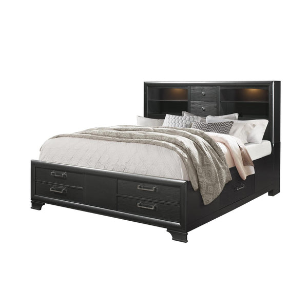 English Elm Civic King Platform Storage Bed Bookcase Headboard with Built-in Lighting Gray B201S00485
