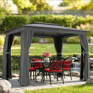 English Elm Double-roof Steel Gazebo with Upf Canopy Curtains and Mesh Panels for Outdoor Privacy Black,Dark Gray T3971P459073