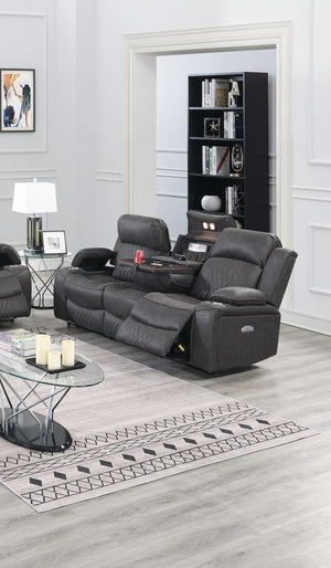English Elm Power Motion Sofa – Charcoal Gel Leatherette With Storage Arms & Cup Holders For Ultimate Comfort B011S01069-GIGA
