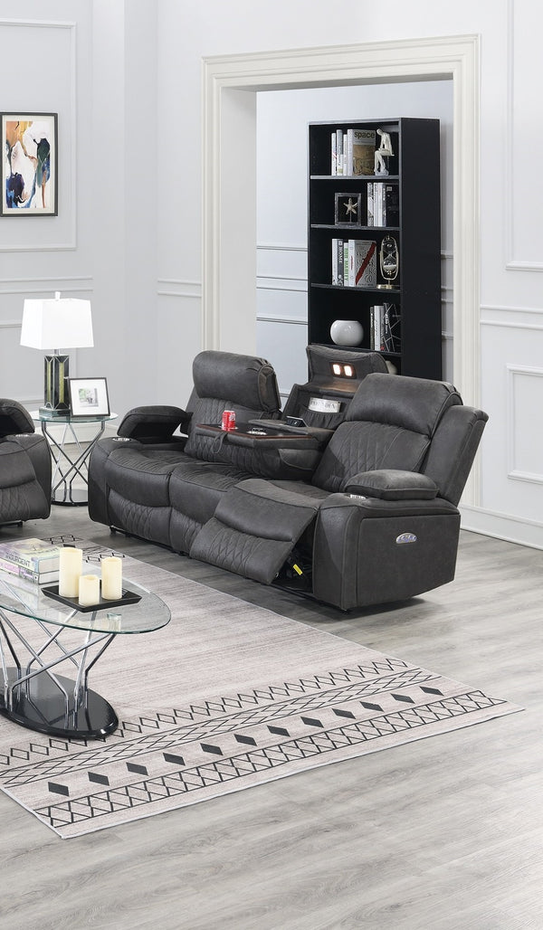 English Elm Power Motion Sofa – Charcoal Gel Leatherette With Storage Arms & Cup Holders For Ultimate Comfort B011S01069-GIGA