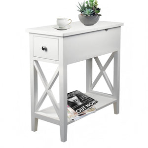 English Elm 2-Drawer Flip Top End Table with Drawer and Shelf, Narrow Accent Nightstand for Small Spaces White T3771P356665